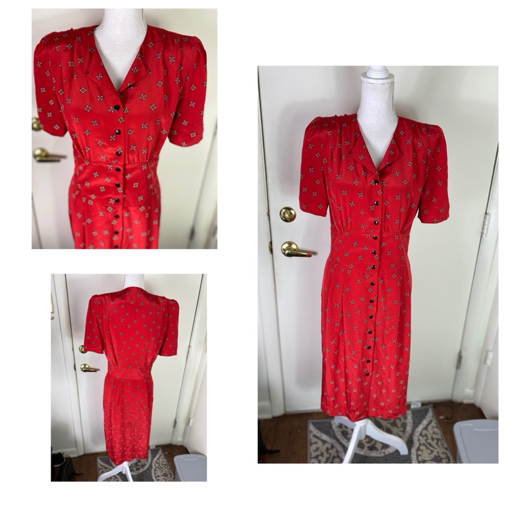 Liz Claiborne women Vintage 80’s buttoned yoke waist Red Floral  Dress Sz 10p